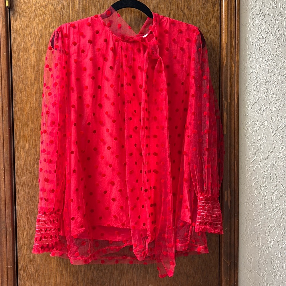 First Love Tie at Neckline Blouse Red Tulle with Velvet Polka Dots Size Large